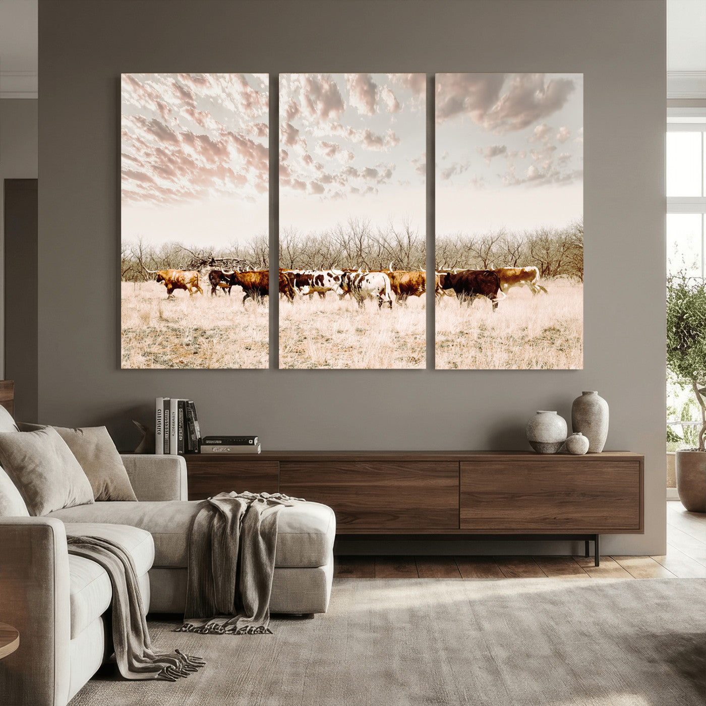 64892775-MGV-CV-36X24 - Longhorn Cattle Wall Art Canvas Print, Framed Texas Ranch Art Picture Print, Western Cow Perfect Western Decor Artwork