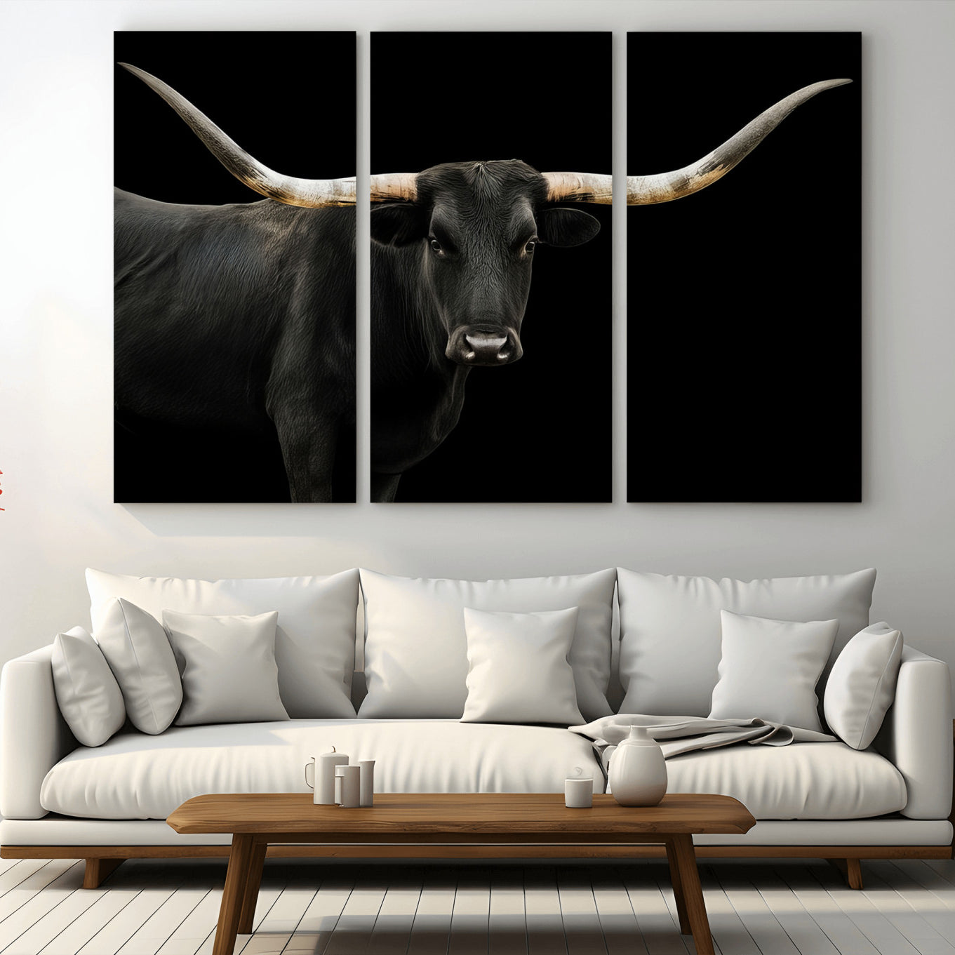 99448328-MGV-CV-36X24-Longhorn Cattle Wall Art Canvas Print – Framed Texas Ranch Scene with Western Cow Artwork for Home, Office, Living Room