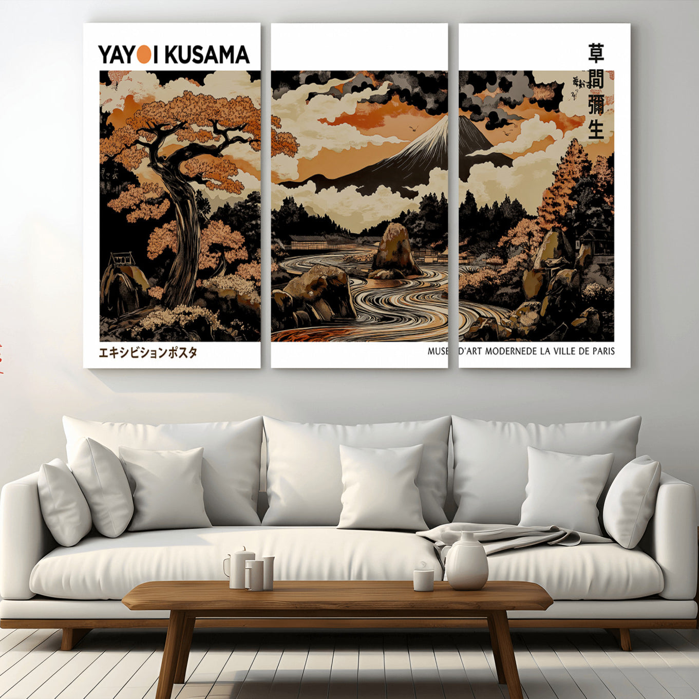 96372548-MGV-CV-36X24-Modern Japanese Wall Art Canvas Print – Framed Abstract Mount Fuji Scene with Yayoi Kusama Style Artwork for Home, Office