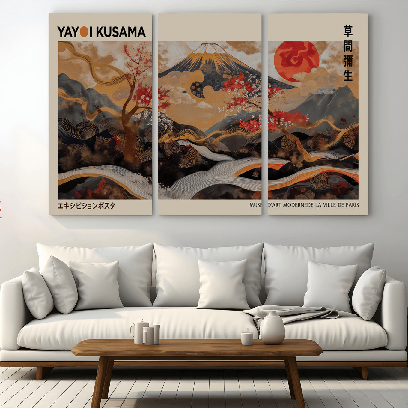 77970791-MGV-CV-36X24-Modern Japanese Wall Art Canvas Print – Framed Abstract Mount Fuji Scene with Yayoi Kusama Artwork for Home, Office