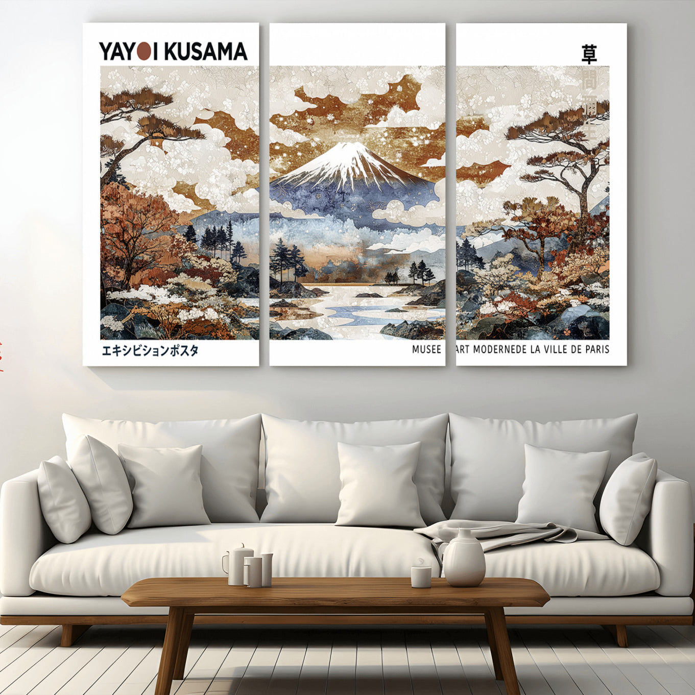 80111817-MGV-CV-36X24-Modern Japanese Wall Art Canvas Print – Framed Abstract Mount Fuji Scene with Yayoi Kusama Artwork for Home, Office