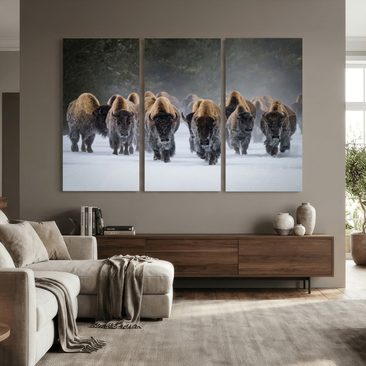 41669135-MGV-CV-36X24 - Winter Bison Herd Wall Art – Majestic Buffalo Charge Canvas Print with Snow Covered Plains, Rustic Wildlife Strength and Untamed Nature Decor for Home and Office