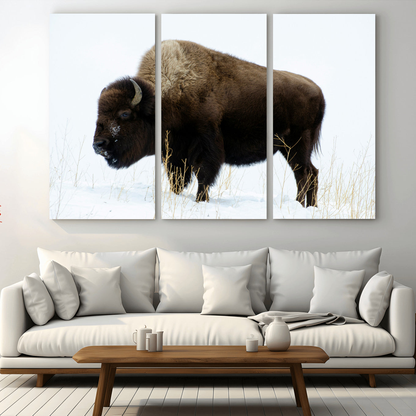 76778120-MGV-CV-36X24-Bison Wall Art Canvas Print – Framed Western Wildlife Buffalo Snow Rustic Nature Scene Artwork for Home Office