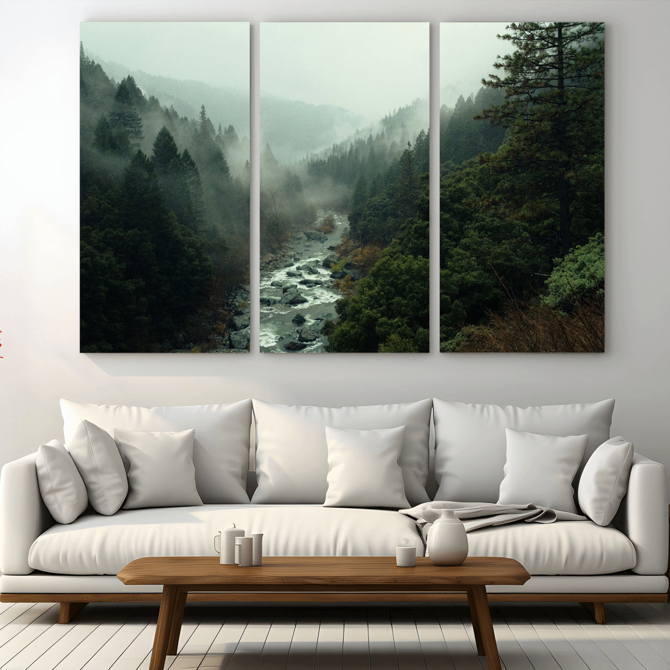 -Misty Forest Wall Art Canvas Print – Framed Foggy River Moody Landscape Wilderness Nature Scene Artwork for Home Office