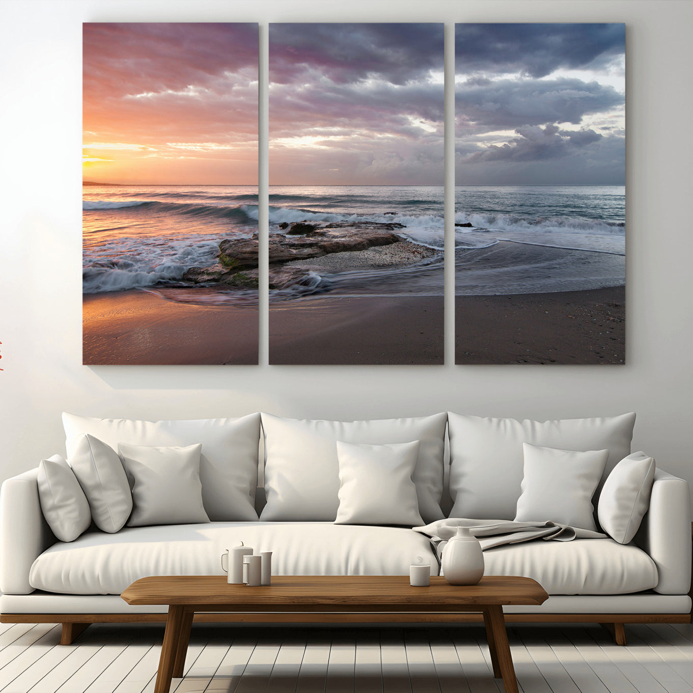 -Golden Hour Wall Art Canvas Print – Framed Tranquil Waves Beach Coastal Serenity Nature Scene Artwork for Home Office