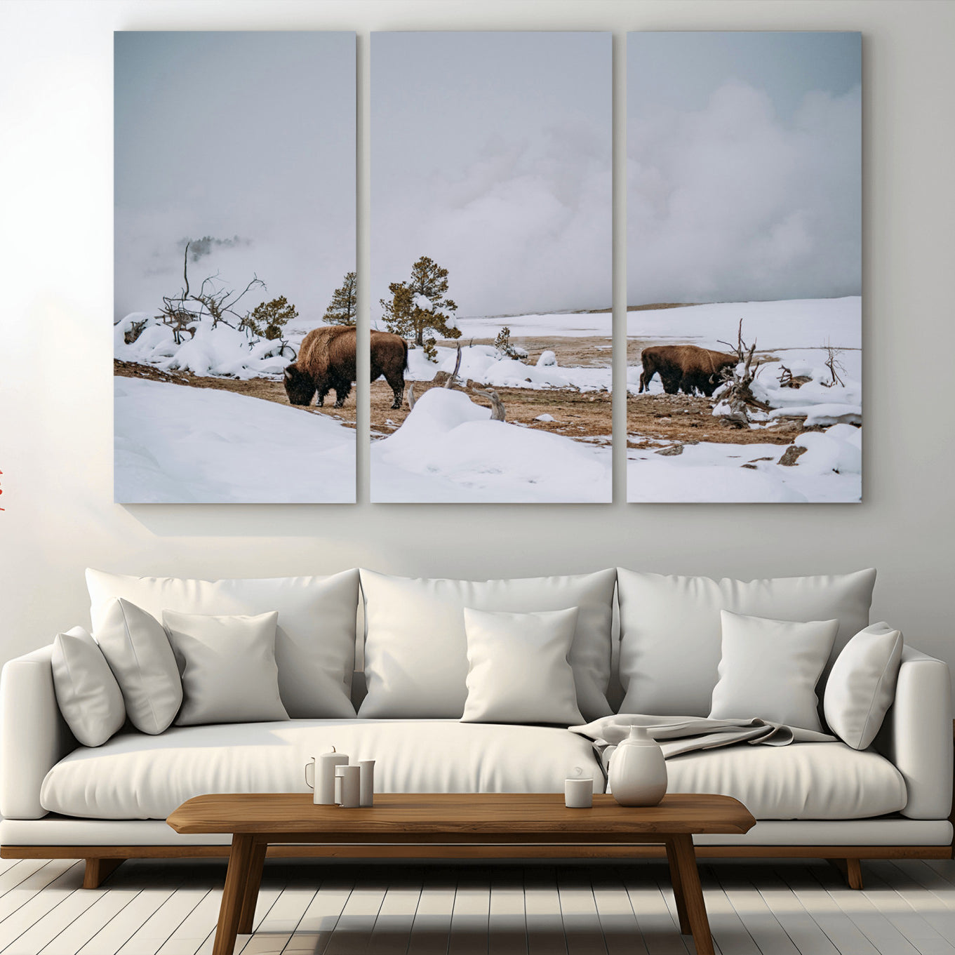 -Bison Wildlife Wall Art Canvas Print – Framed Snowy Prairie Western Rustic Nature Scene Artwork for Home Office