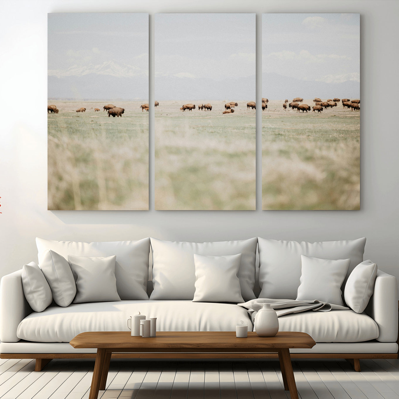 -Bison Herd Wall Art Canvas Print – Framed Western Bison Ranch Nature Scene Artwork for Home, Office, Living Room