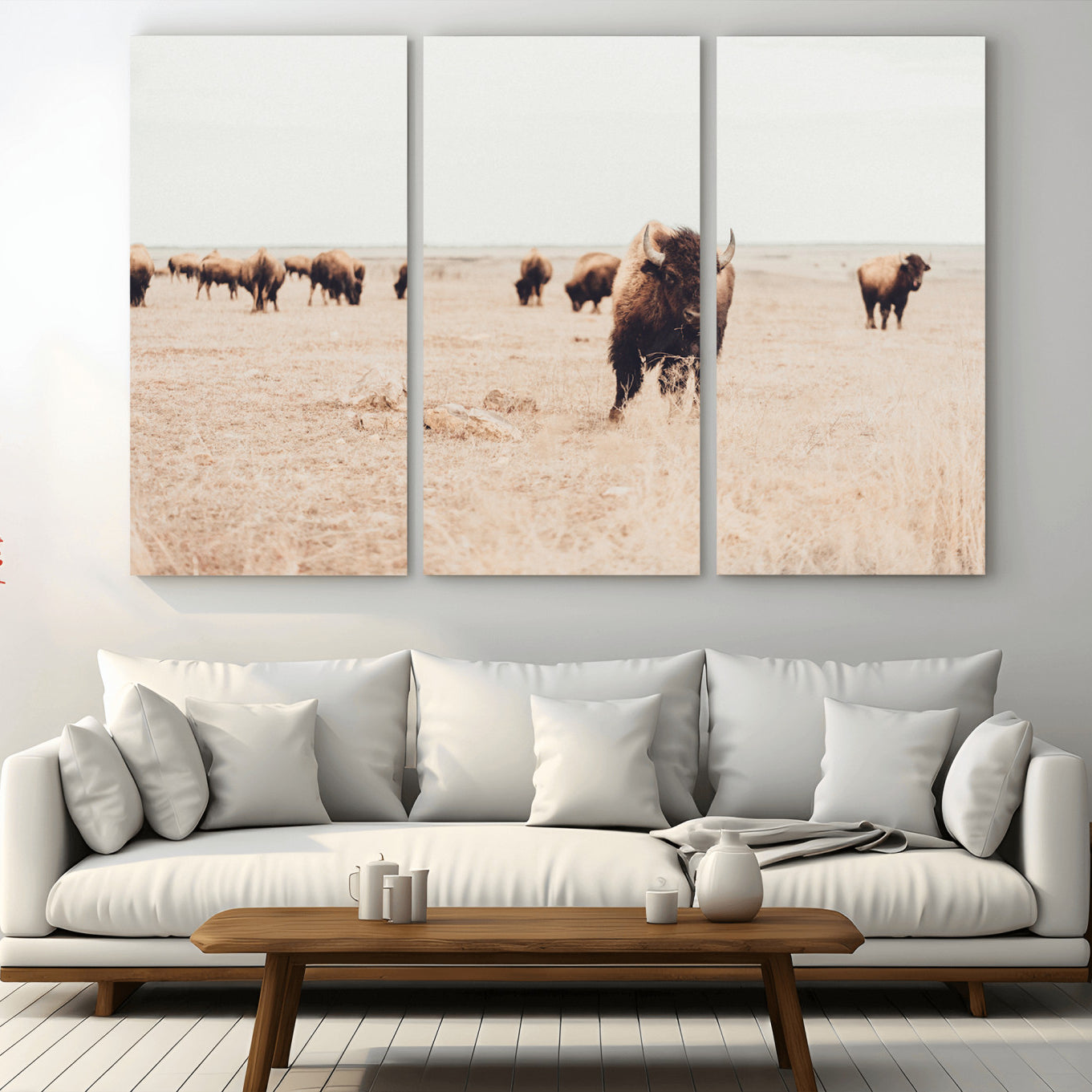 -Bison Herd Wall Art Canvas Print – Framed Western Prairie Serenity Ranch Nature Scene Artwork for Home Office