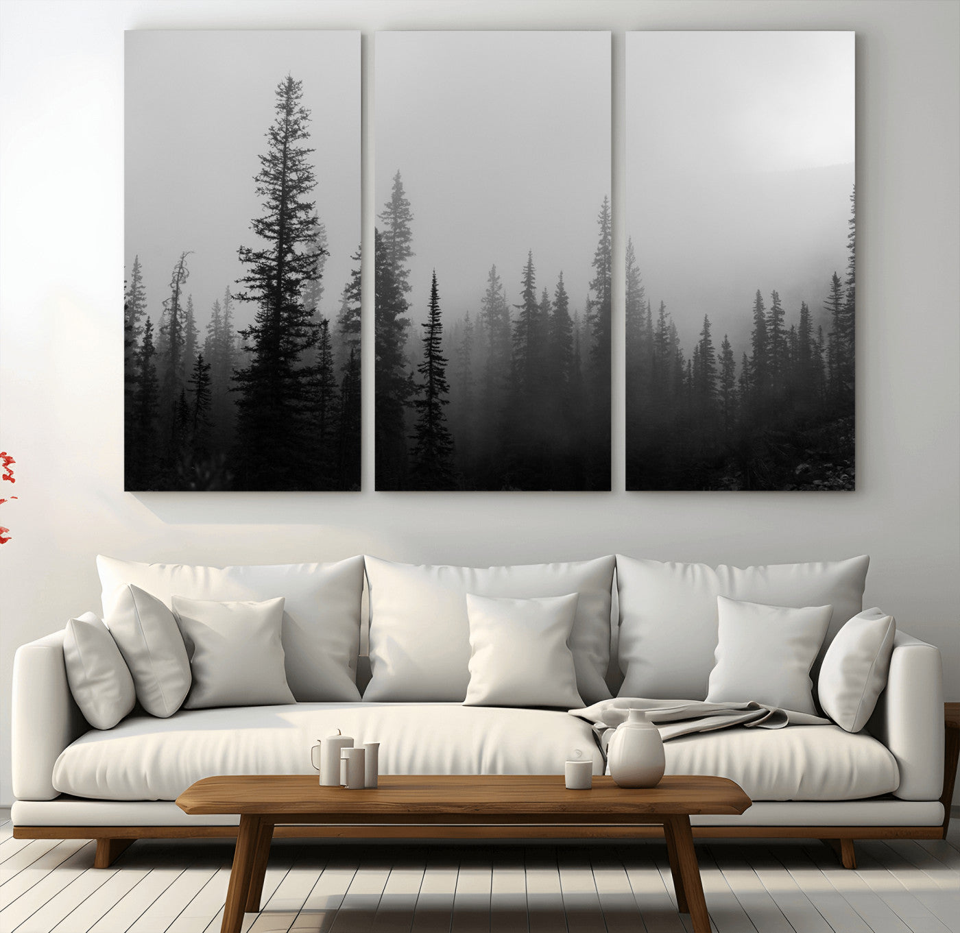 73138900-MGV-CV-36X24-Misty Pines Wall Art Canvas Print – Framed Woodland Minimalist Rustic Nature Scene Photography Artwork for Home Office