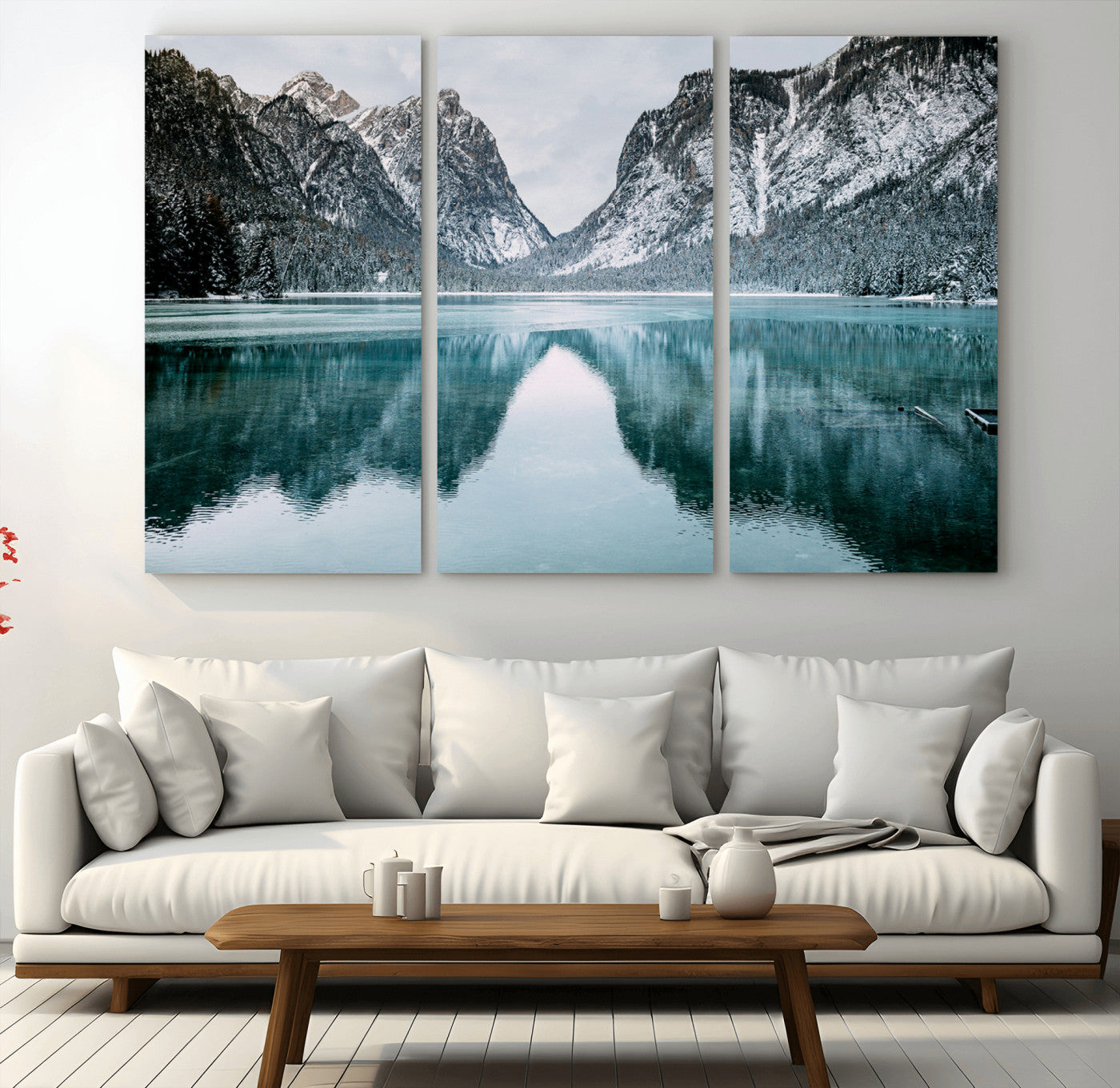 73098373-MGV-CV-36X24-Mountain Lake Wall Art Canvas Print – Framed Snowy Peaks Wonderland Nature Scene Artwork for Home Office
