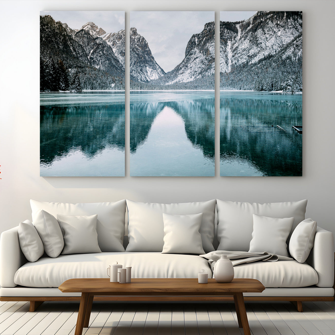 73098373-MGV-CV-48X32-3P-Mountain Lake Wall Art Canvas Print – Snowy Peaks Winter Wonderland Scene Serene Nature Landscape Artwork for Home Office