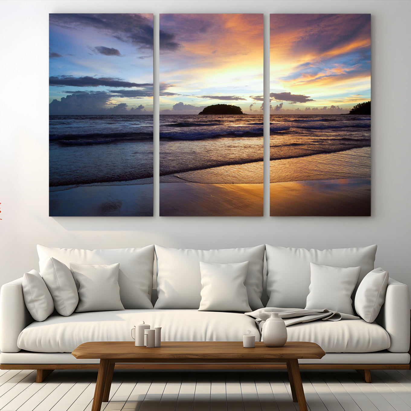 36714356-MGV-CV-48X32-3P-Beach Sunset Wall Art Canvas Print – Tropical Ocean Waves Golden Sky Serene Seascape Nature Artwork for Home Office