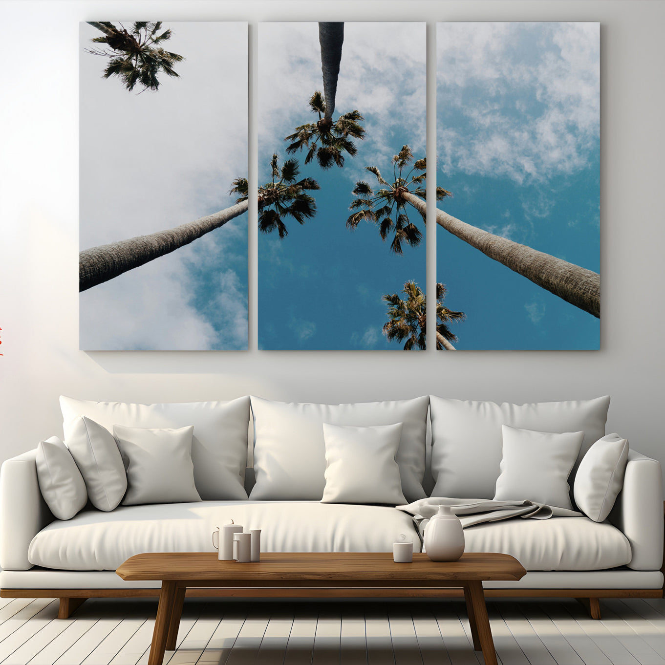 45236398-MGV-CV-48X32-3P-Tropical Palm Trees Wall Art Canvas Print – Framed California Sky Minimalist Nature Scene Artwork for Home Office