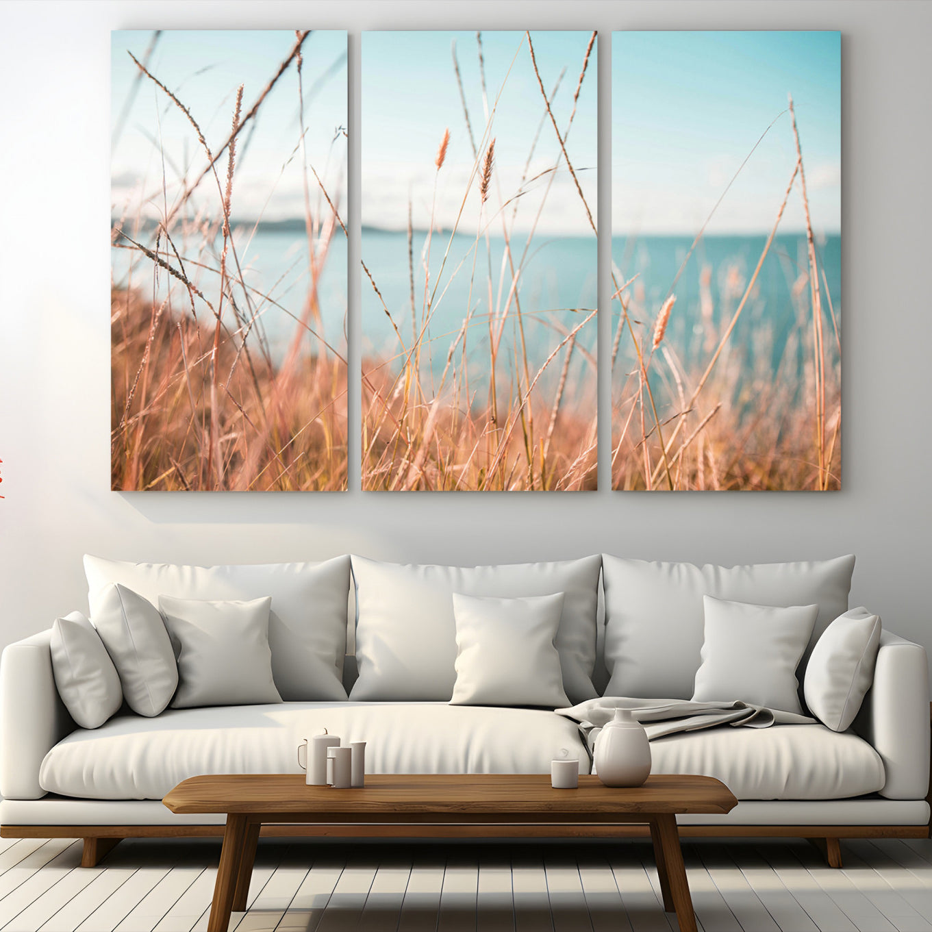 36108696-MGV-CV-48X32-3P-Coastal Grass Landscape Wall Art Canvas Print – Golden Shoreline Nature Scene Serene Ocean View Artwork for Home Office