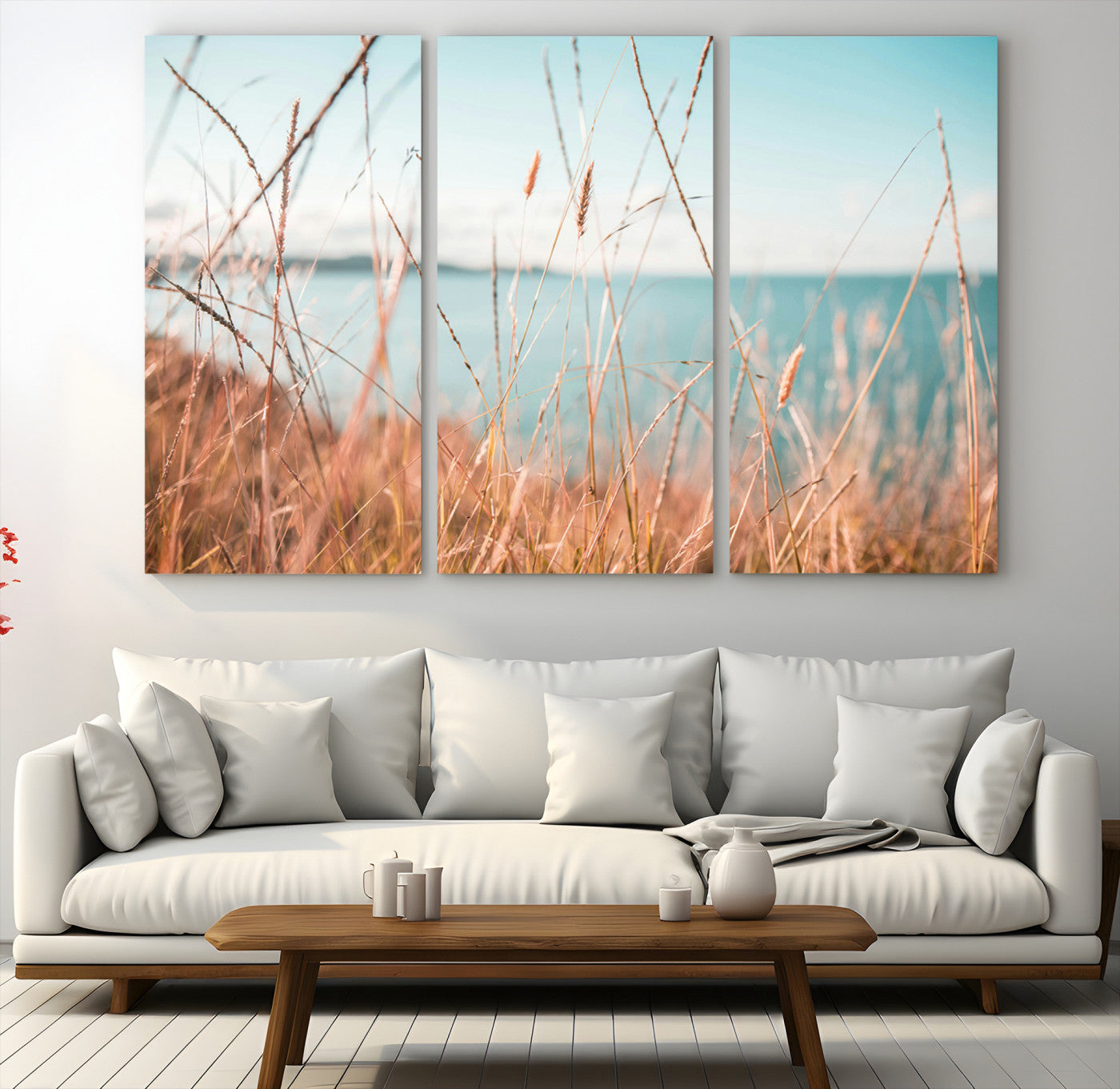 36108696-MGV-CV-48X32-3P-Coastal Grass Landscape Wall Art Canvas Print – Golden Shoreline Nature Scene Serene Ocean View Artwork for Home Office