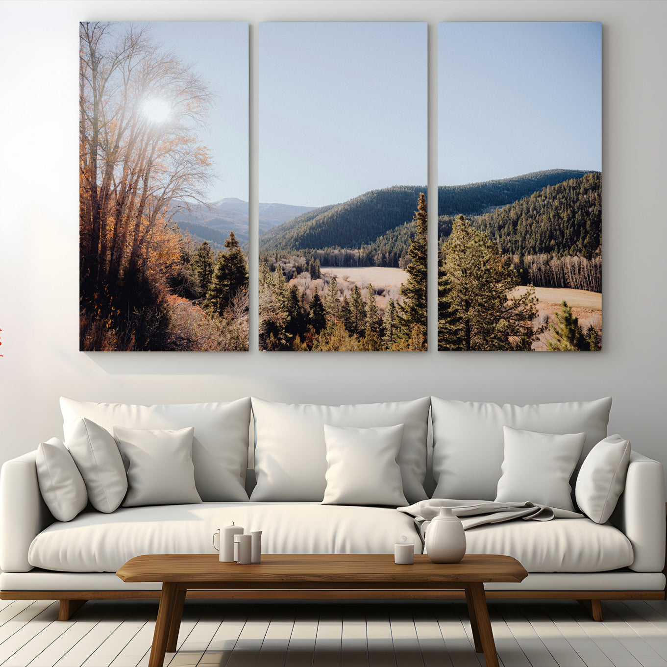52941305-MGV-CV-48X32-3P-Rustic Landscape Wall Art Canvas Print – Serene Valley Scene Pine Tree Horizon Nature Artwork for Home Office