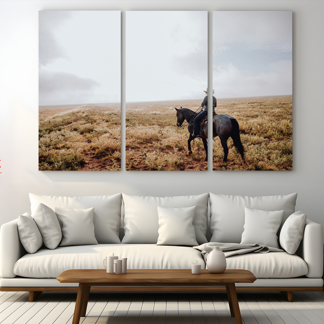 57597730-MGV-CV-48X32-3P-Cowboy Wall Art Canvas Print – Framed Western Rustic Ranch Scene Country Landscape Artwork for Home Office