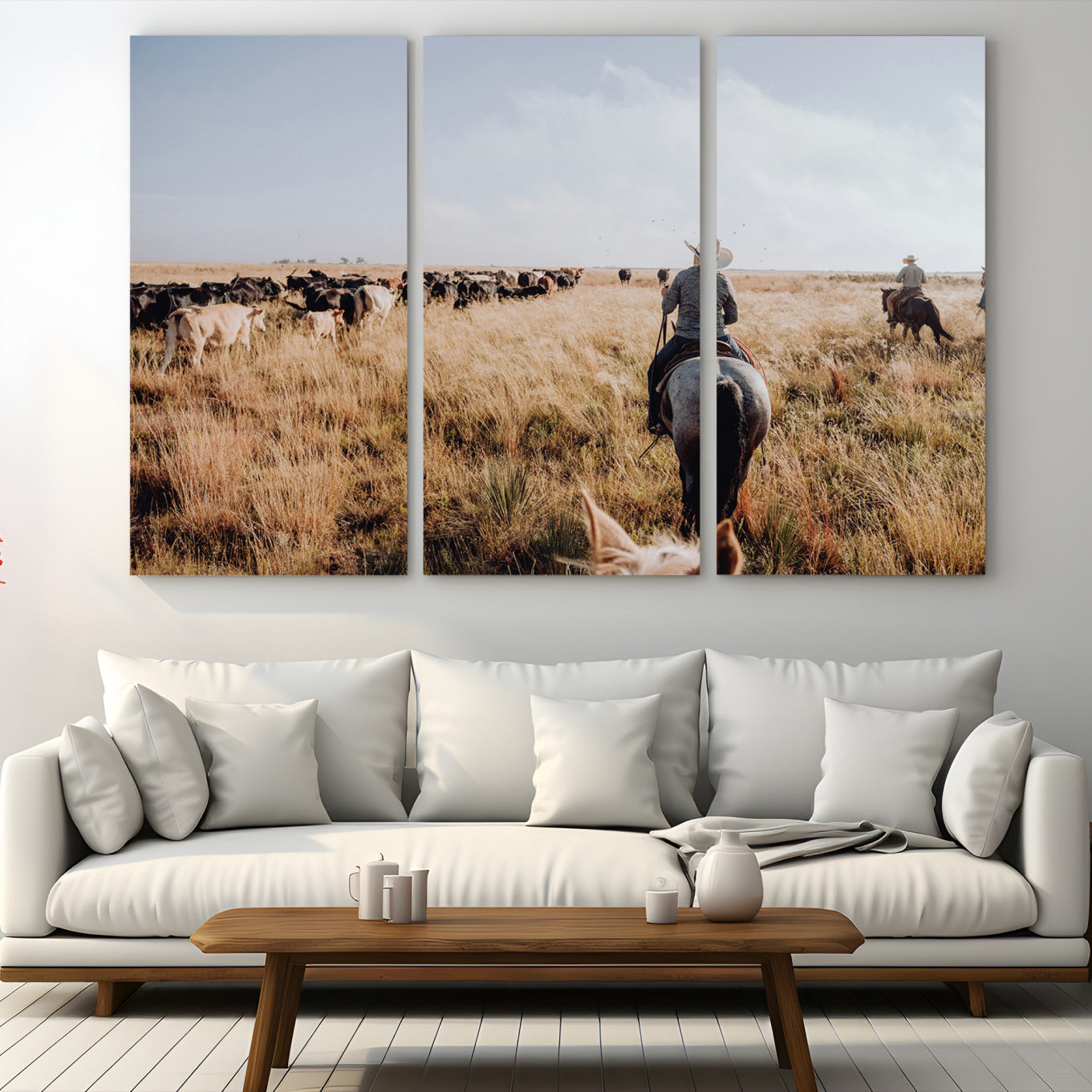 22431577-MGV-CV-48X32-3P-Western Wall Art Canvas Print – Framed Cowboy Cattle Drive Scene Rustic Ranch Landscape Artwork for Home Office