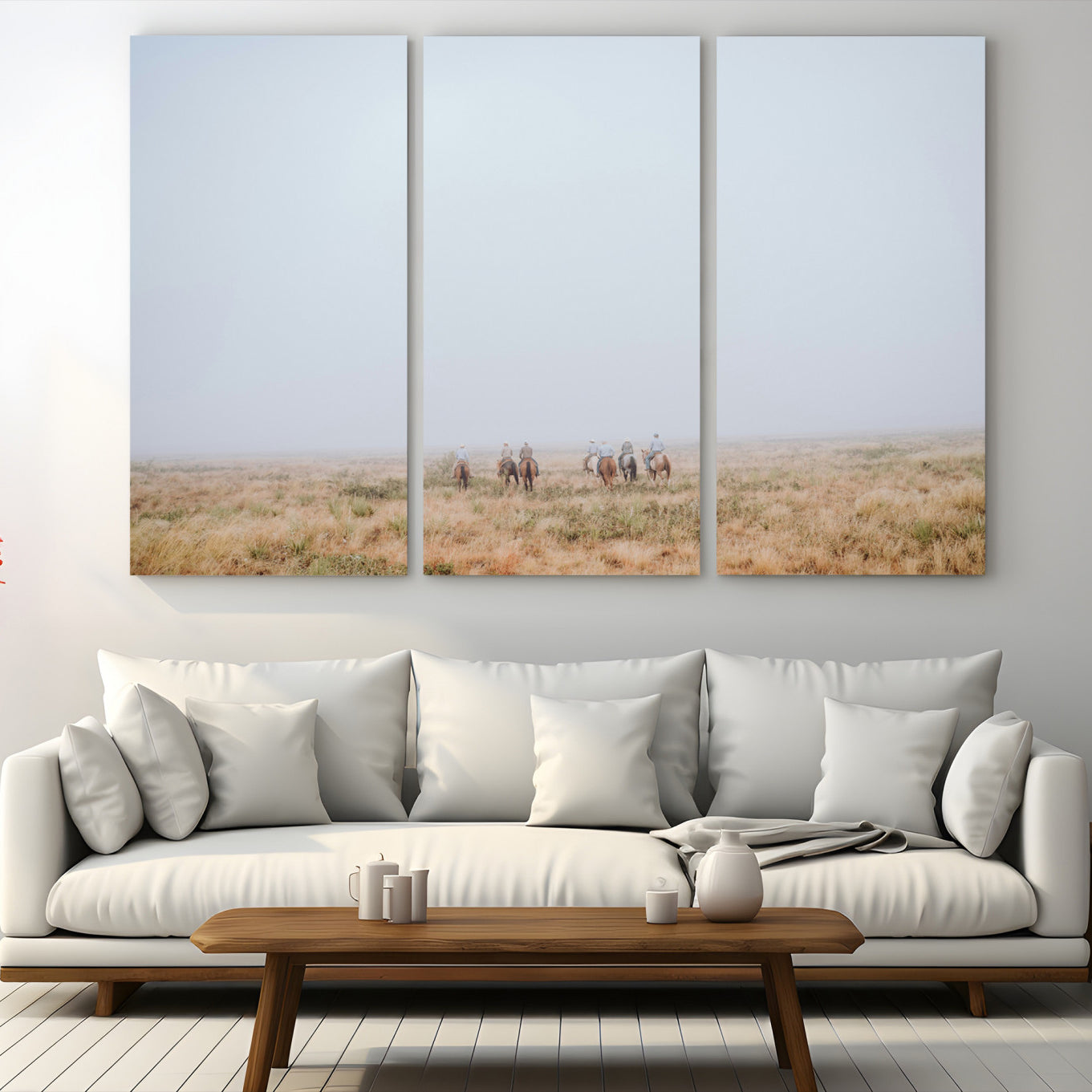 14761944-MGV-CV-48X32-3P-Foggy Plains Wall Art Canvas Print – Framed Horseback Riders Rustic Western Landscape Scene Artwork for Home Office