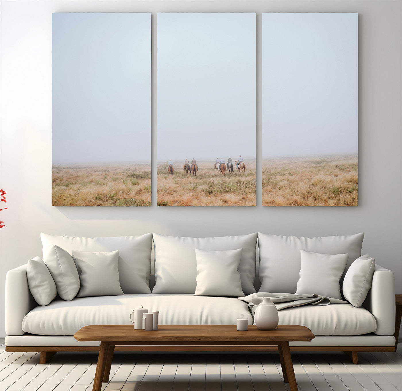 14761944-MGV-CV-48X32-3P-Foggy Plains Wall Art Canvas Print – Framed Horseback Riders Rustic Western Landscape Scene Artwork for Home Office