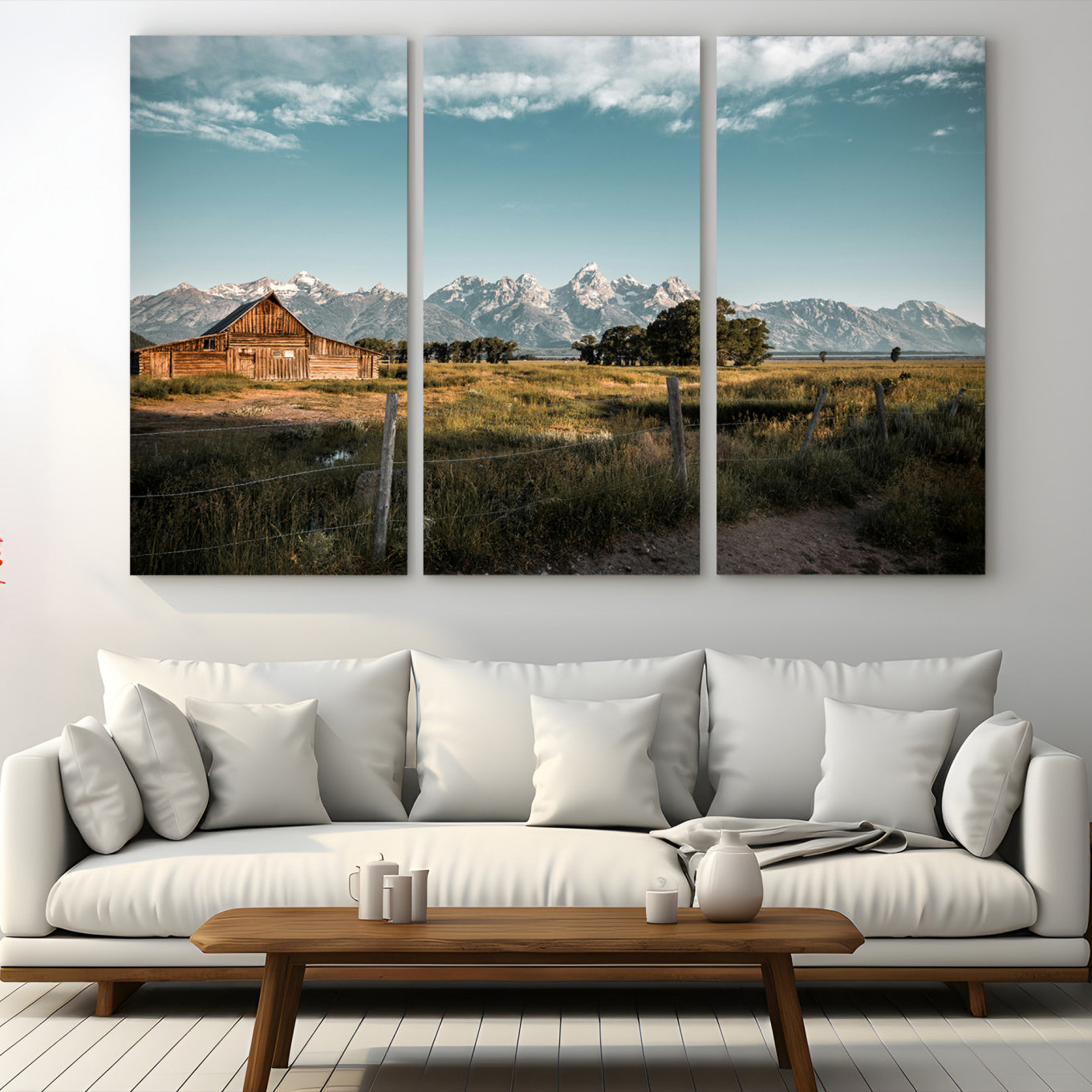 92497443-MGV-CV-48X32-3P-Rustic Farmhouse Wall Art Canvas Print – Framed Mountain Cabin Western Landscape Scene Artwork for Home Office