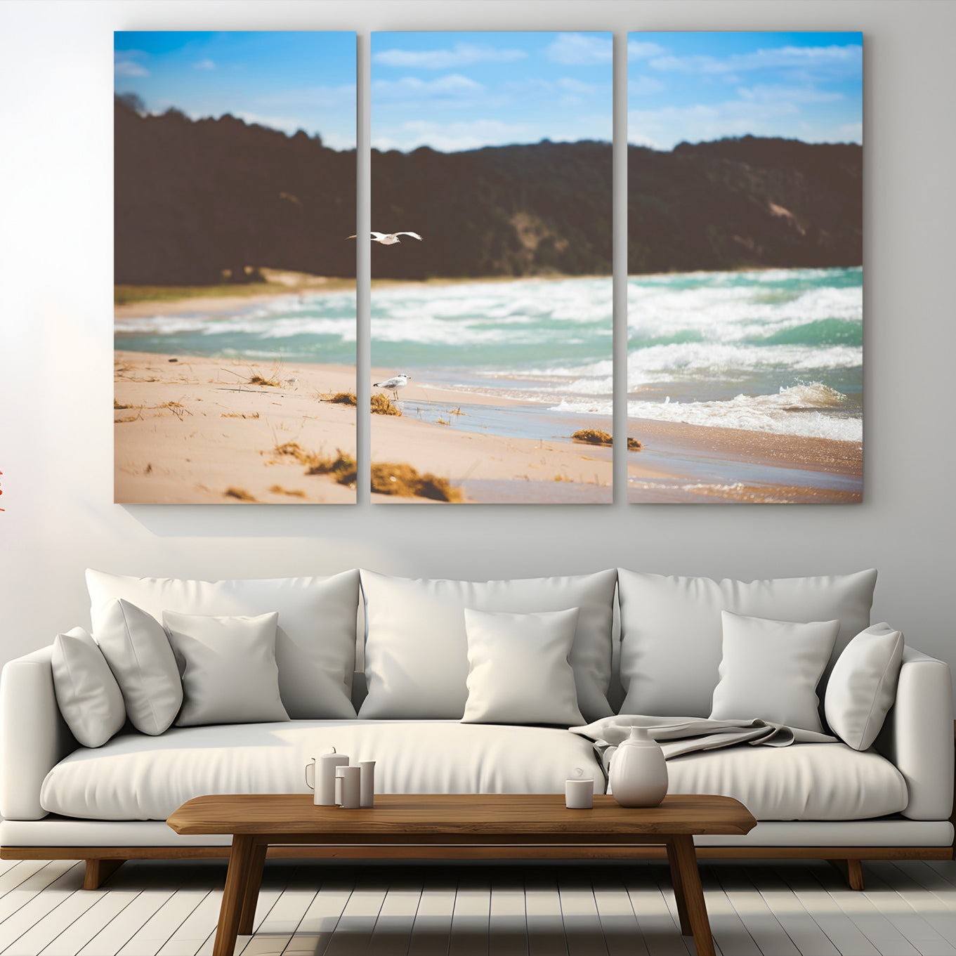 84260965-MGV-CV-48X32-3P-Tranquil Beach Scene Wall Art Canvas Print – Framed Blue Ocean Waves Sandy Shore Coastal Nature Artwork for Home Office