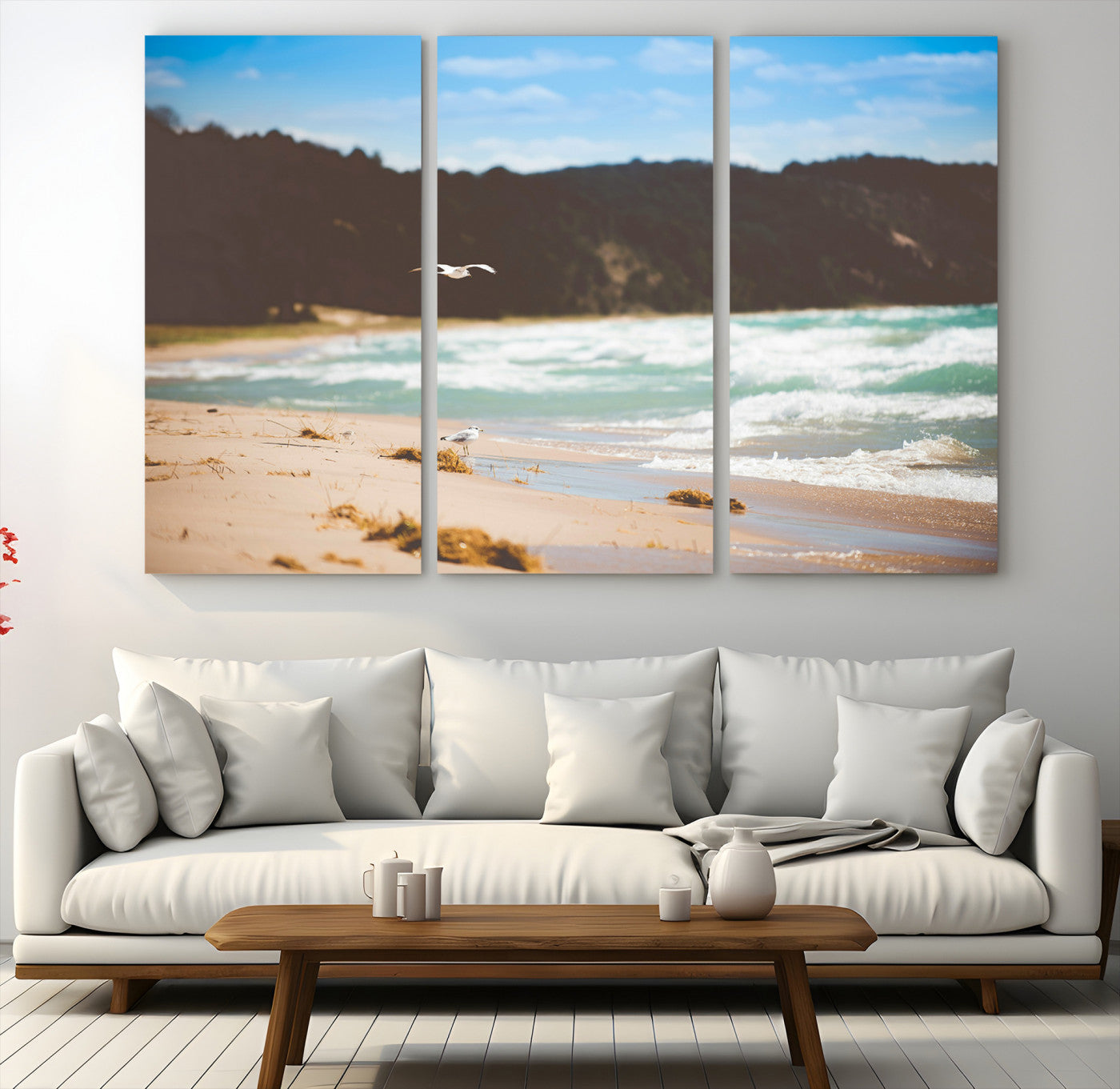 84260965-MGV-CV-48X32-3P-Tranquil Beach Scene Wall Art Canvas Print – Framed Blue Ocean Waves Sandy Shore Coastal Nature Artwork for Home Office
