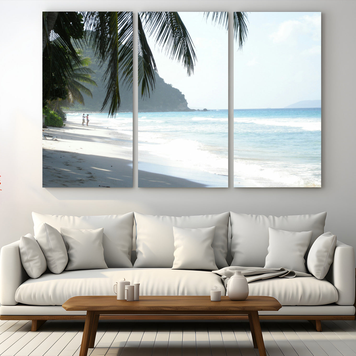 18311030-MGV-CV-48X32-3P-Tropical Beach Wall Art Canvas Print – Framed Serene Ocean Scene Palm Tree Shadows Coastal Nature Artwork for Home Office