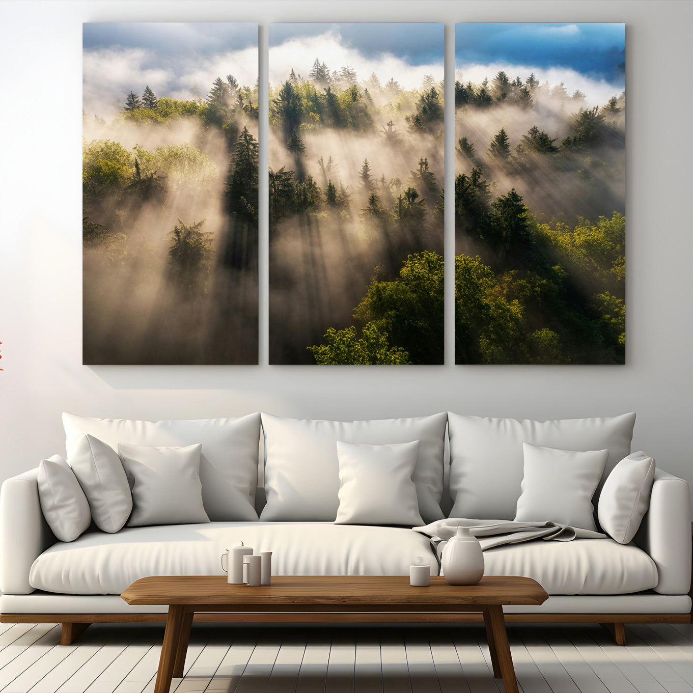 14785710-MGV-CV-48X32-3P-Tranquil Forest Scene Wall Art Canvas Print – Framed Moody Sunbeam Through Trees Nature Artwork for Home Office