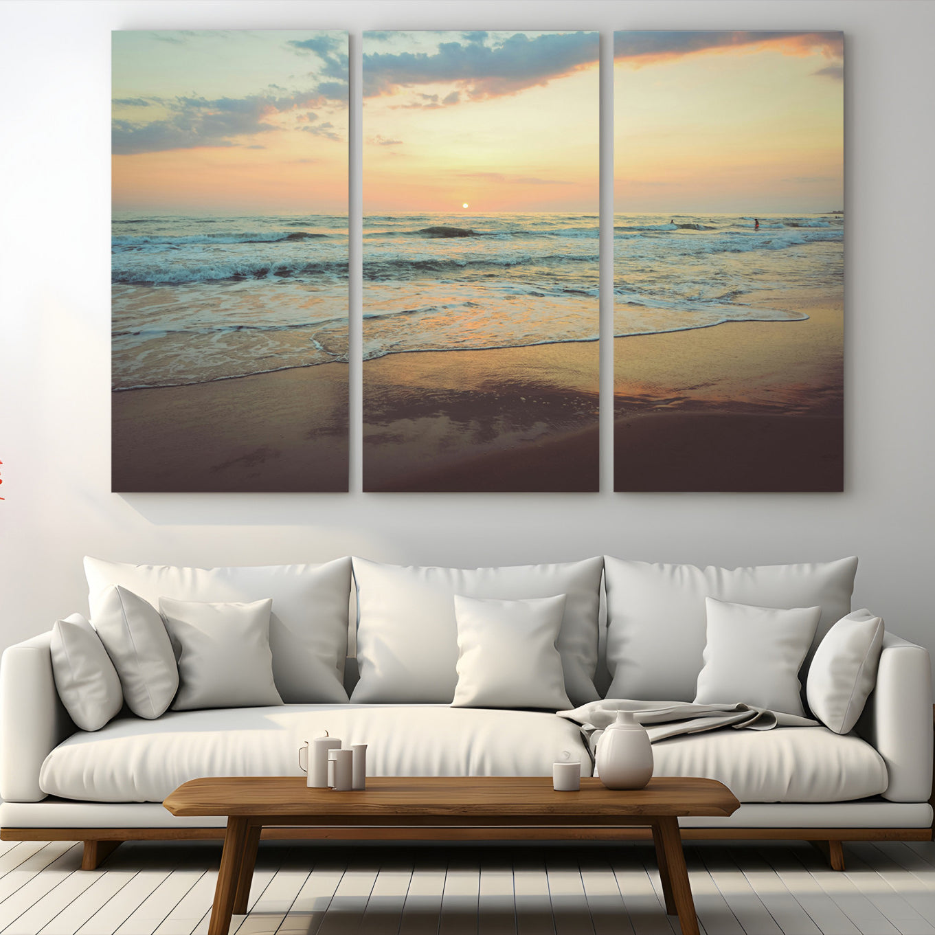 15261505-MGV-CV-48X32-3P-Sunset Seascape Wall Art Canvas Print – Framed Pastel Ocean View Tranquil Beach Scene Nature Artwork for Home Office
