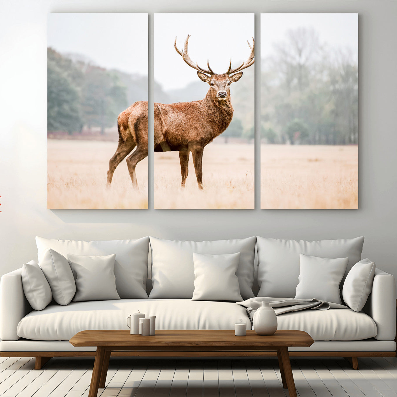 -Vintage Wildlife Wall Art Canvas Print – Misty Landscape Deer Rustic Nature Photography Artwork for Home, Office