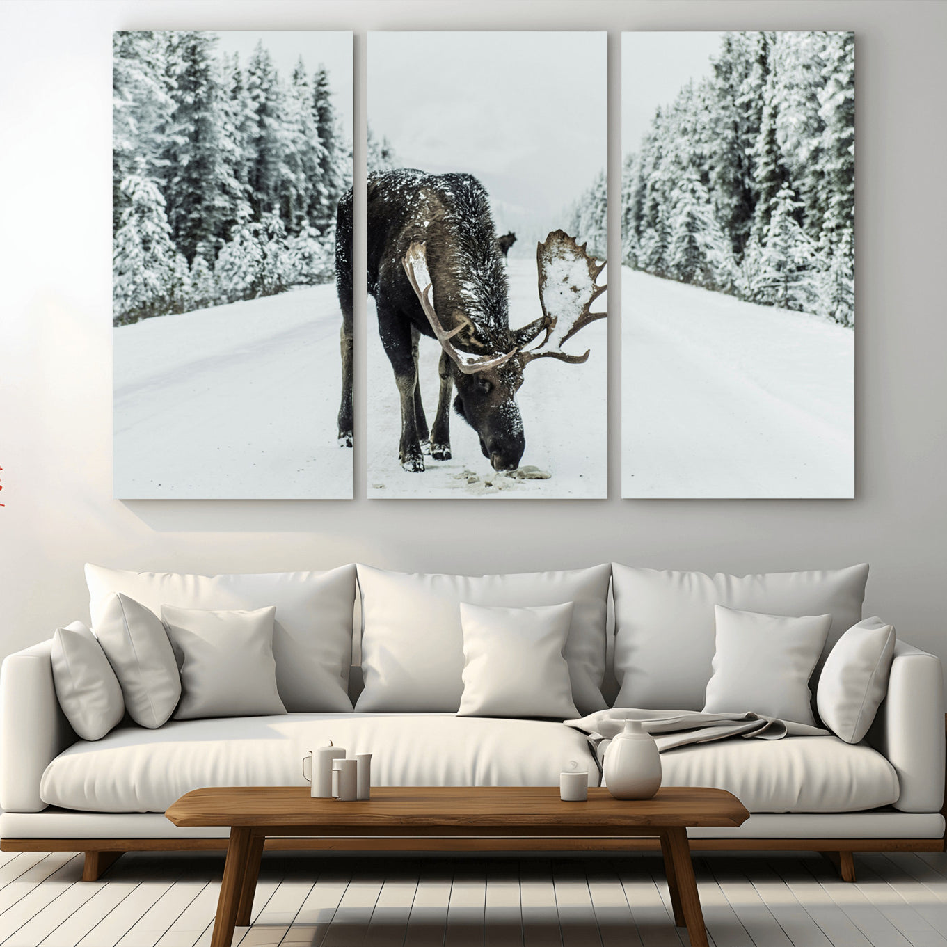 -Moose Snow Wall Art Canvas Print – Framed Winter Wildlife Snowy Forest Nature Scene Artwork for Home, Office, Living Room