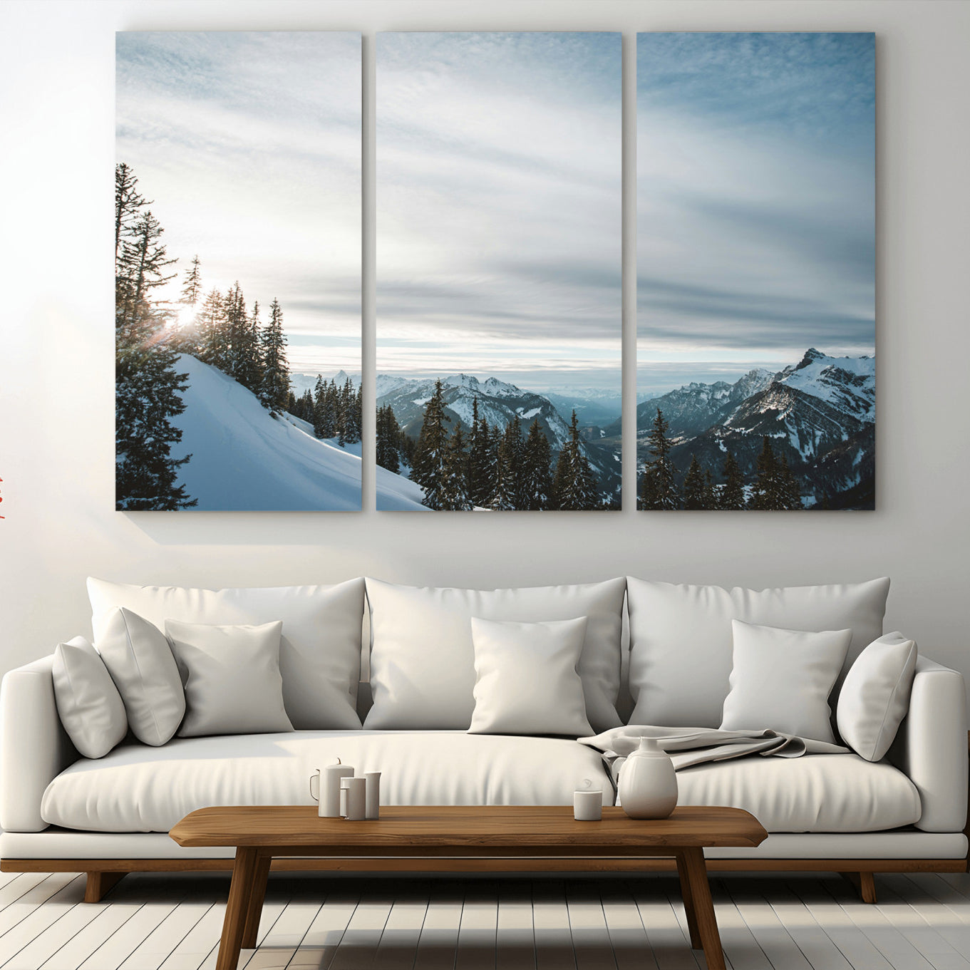 55564749-MGV-CV-36X24-Snowy Mountains Wall Art Canvas Print – Framed Alpine Landscape Frosty Peaks Nordic Minimalist Nature Artwork for Home, Office