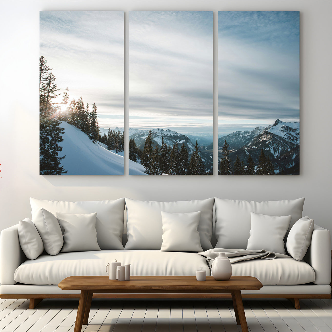 55564749-MGV-CV-48X32-3P-Snowy Mountain Wall Art Canvas Print – Frosty Peaks Alpine Landscape Winter Sky Nature Photography Artwork for Home Office