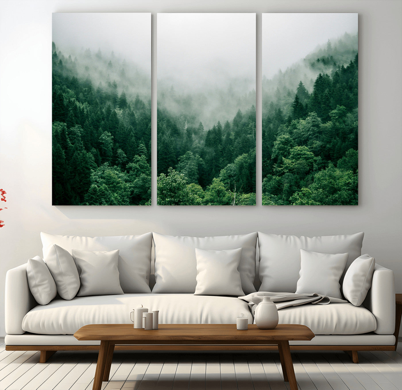 45265379-MGV-CV-36X24-Misty Green Forest Canvas Print – Framed Serene Foggy Pine Landscape Tranquil Nature Wall Art for Home, Office