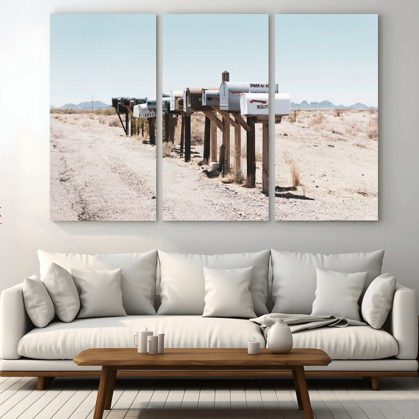 -Desert Mailboxes Canvas Print – Minimal Western Landscape Photography, Rustic Americana Wall Art for