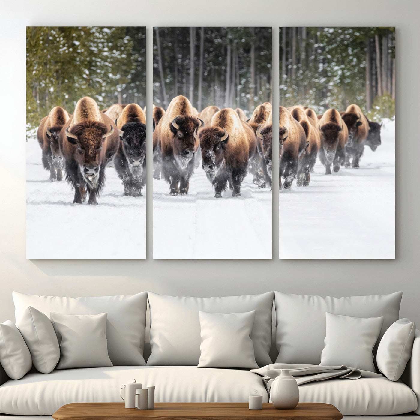 96906195-MGV-CV-48X32-3P - American Bison Herd Snow Canvas Wall Art – Powerful Winter Wildlife Print of Buffalo Motion, Rustic Lodge or Western Cabin Decor for Living Room, Office