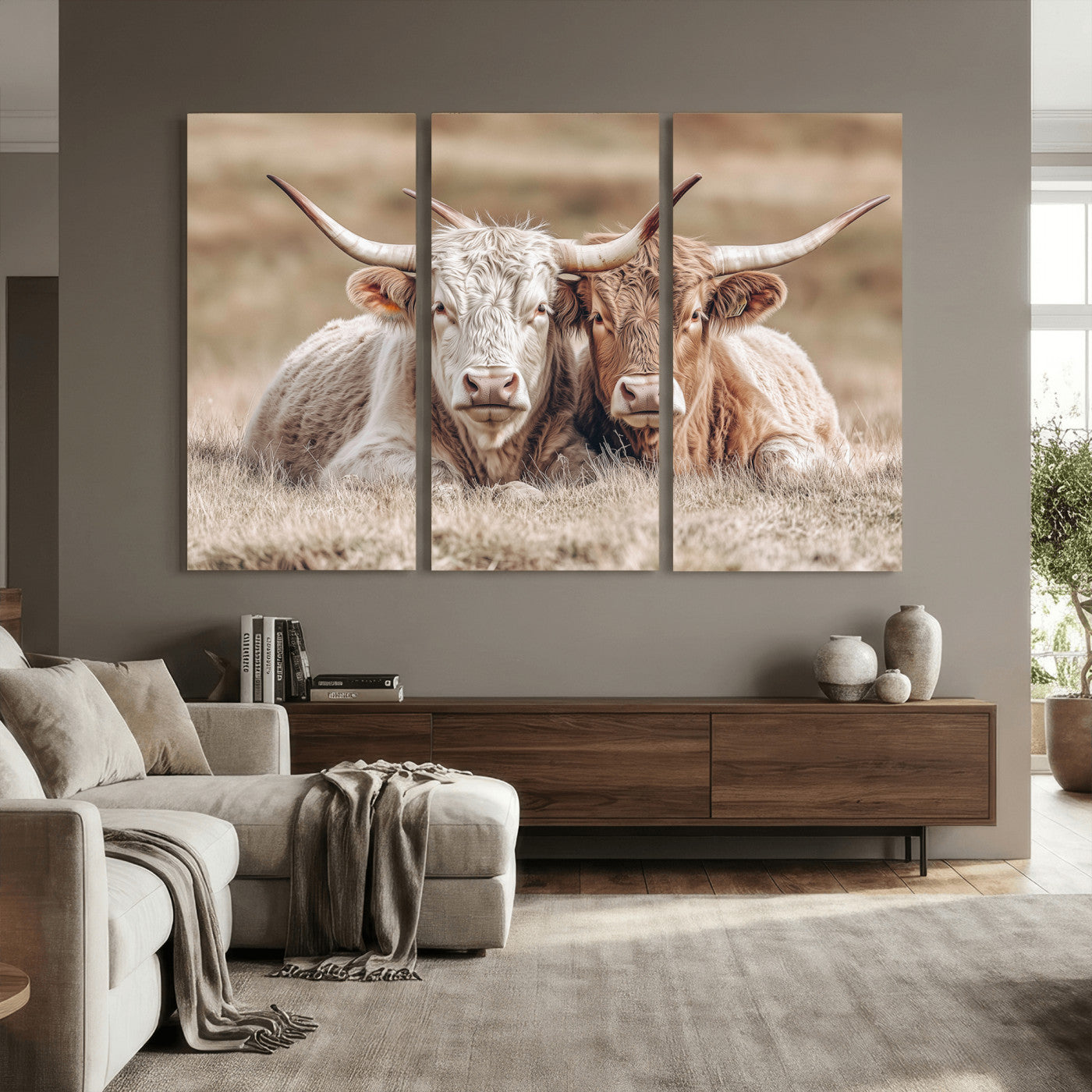 38651722-MGV-CV-36X24 - Highland Cows Meadow Canvas Wall Art – Peaceful Cow Photography Print, Rustic Farmhouse Animal Decor for Country Home, Living Room, Office