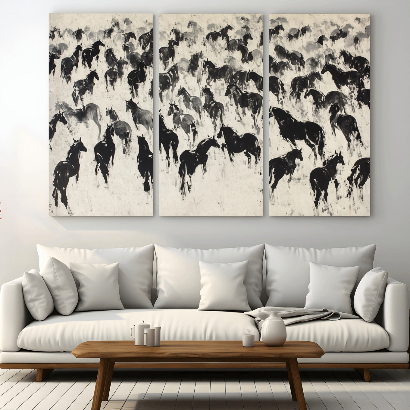 29265745-MGV-CV-48X32-3P-Wild Horse Stampede Wall Art Canvas Print – Monochrome Running Horses Dynamic Motion Elegant Scene Artwork for Home, Office
