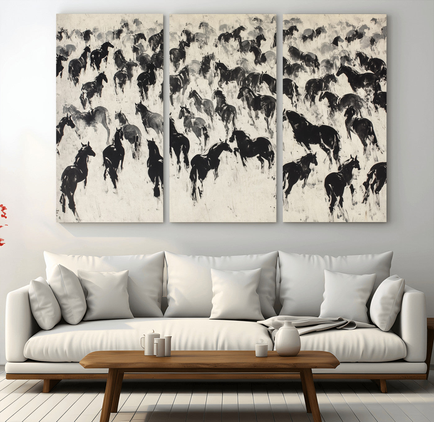 29265745-MGV-CV-48X32-3P-Wild Horse Stampede Wall Art Canvas Print – Monochrome Running Horses Dynamic Motion Elegant Scene Artwork for Home, Office