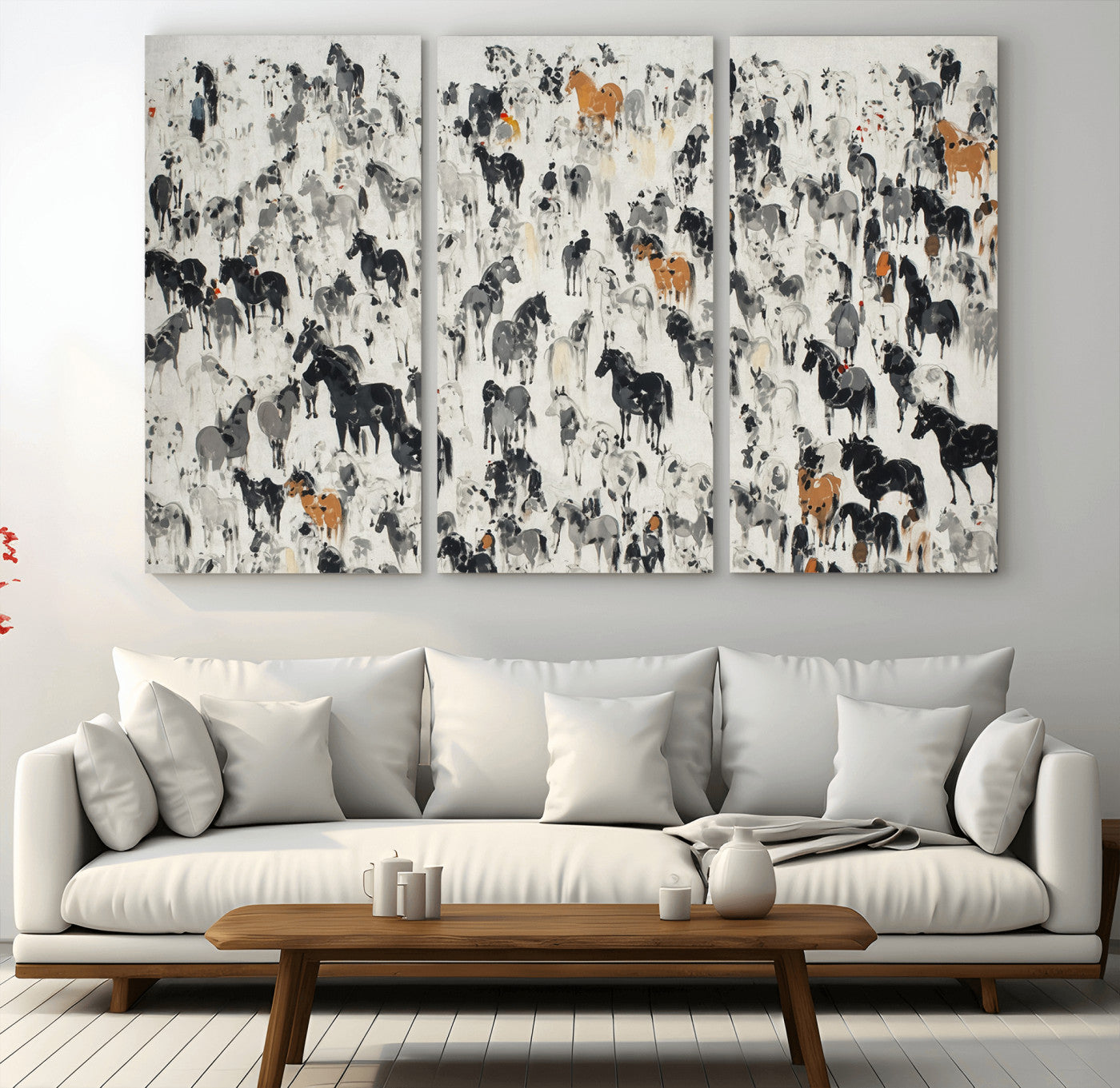 56463722-MGV-CV-36X24-Wild Horse Stampede Wall Art Canvas Print – Monochrome Running Horses Dynamic Motion Elegant Scene Artwork for Home, Office