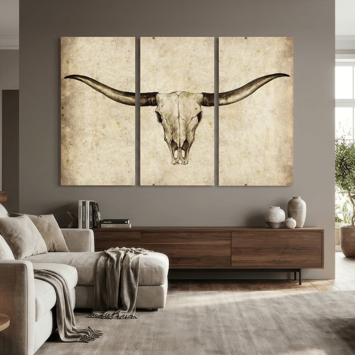 42788678-MGV-CV-36X24 - Longhorn Skull Wall Art Canvas Print – Rustic Western Artwork Print for Living Room Wall Decor