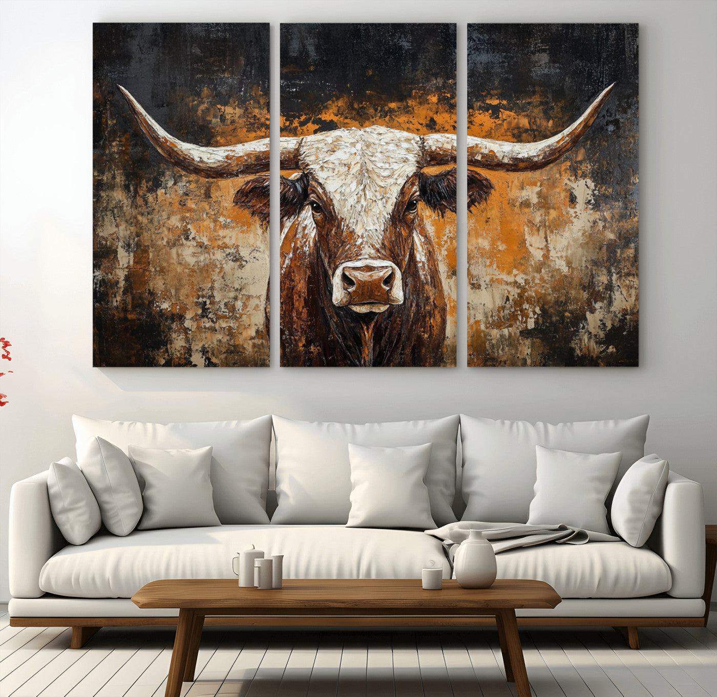 25265572-MGV-CV-36X24-Rustic Longhorn Bull Wall Art Canvas Print – Vintage Western Cattle Scene, Texas Steer Artwork for Home, Office