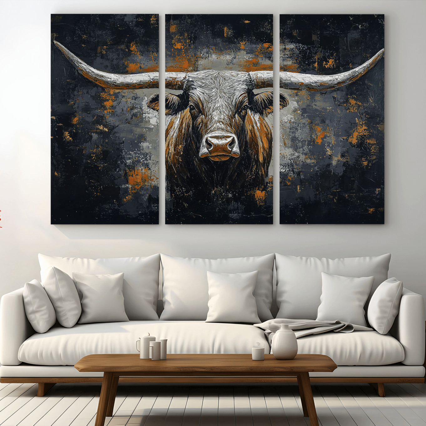 -Rustic Longhorn Bull Wall Art Canvas Print – Vintage Western Cattle Scene, Texas Steer Artwork for Home, Office