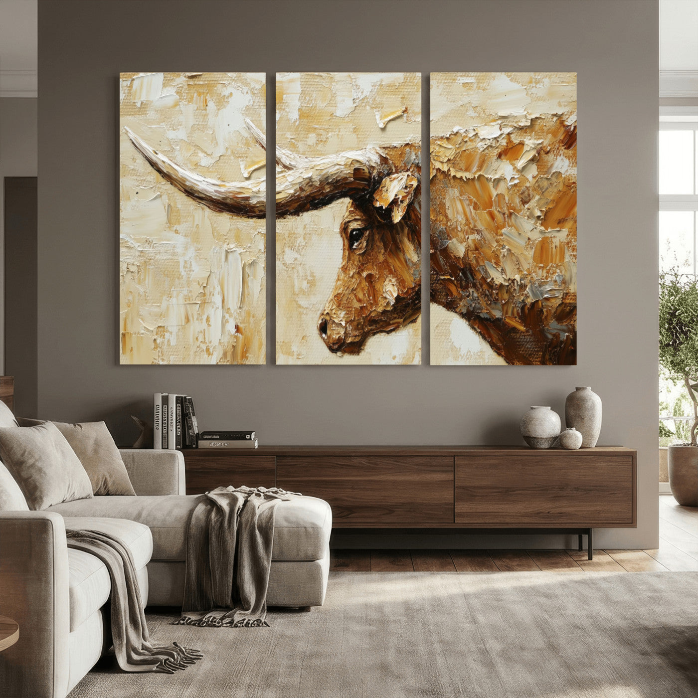 69611428-MGV-CV-36X24 - Rustic Longhorn Bull Wall Art Canvas Print – Vintage Western Cattle Painting, Texas Abstract Wall Cow Prints
