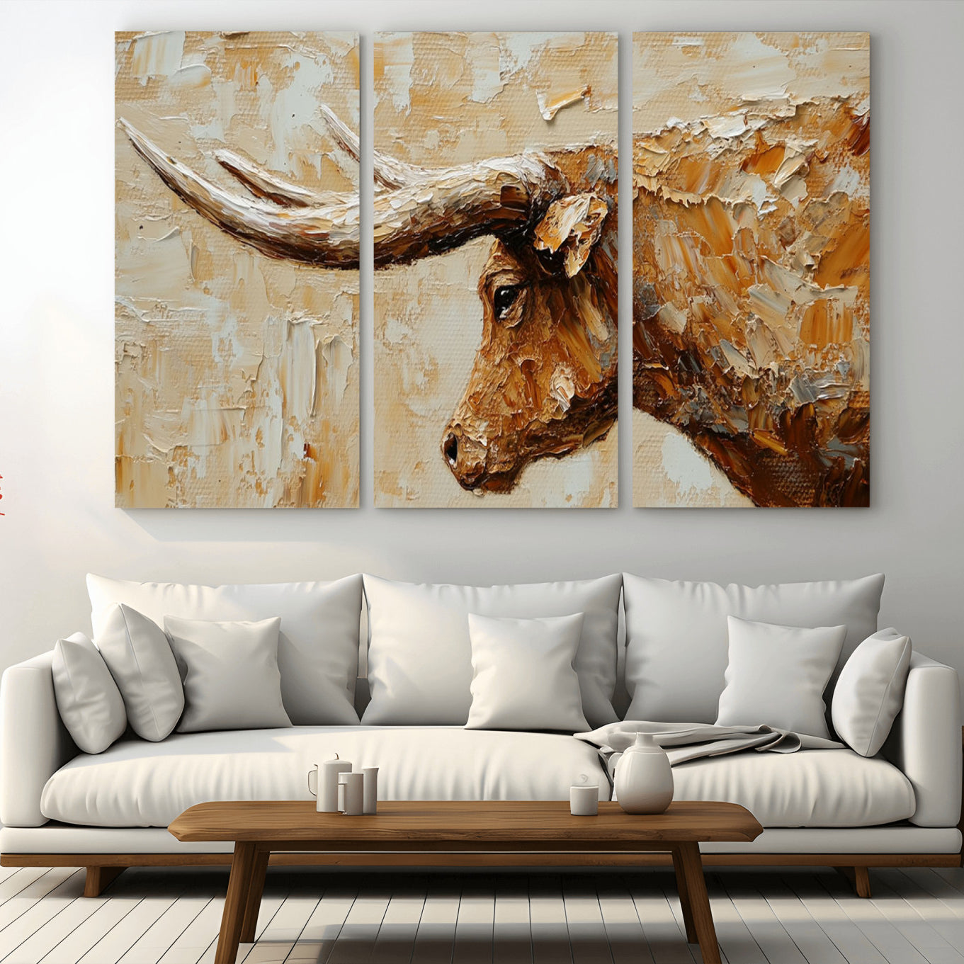 69611428-MGV-CV-48X32-3P-Rustic Longhorn Bull Wall Art Canvas Print – Vintage Western Cattle Texas Steer Scene Artwork for home, office