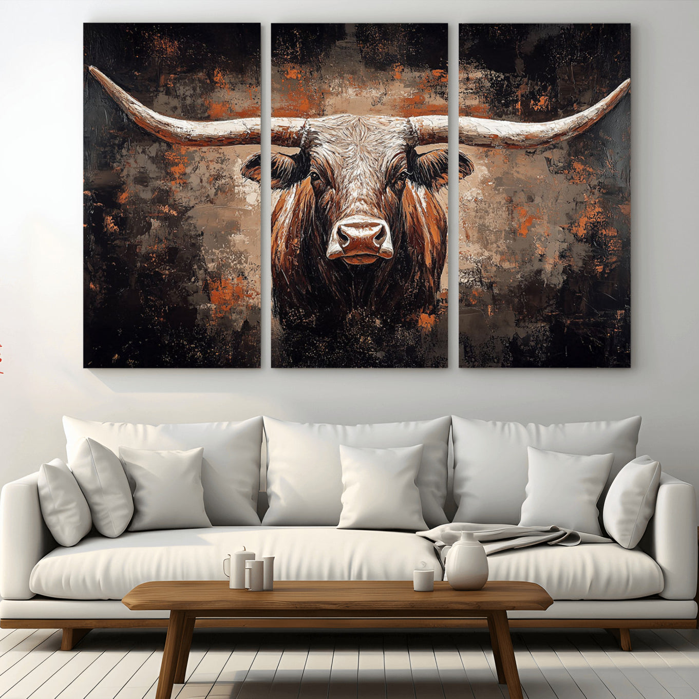 -Rustic Longhorn Bull Wall Art Canvas Print – Vintage Western Cattle Scene, Texas Steer Artwork for Home, Office