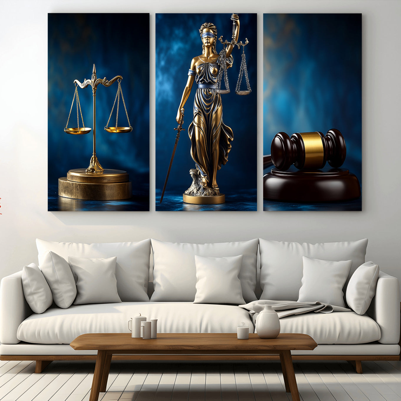 33888279-MGV-FP-36X24-3P_Walnut-Lady Justice Wall Art Canvas Print – Elegant Gold Legal Symbols Blue Background, Perfect for Law