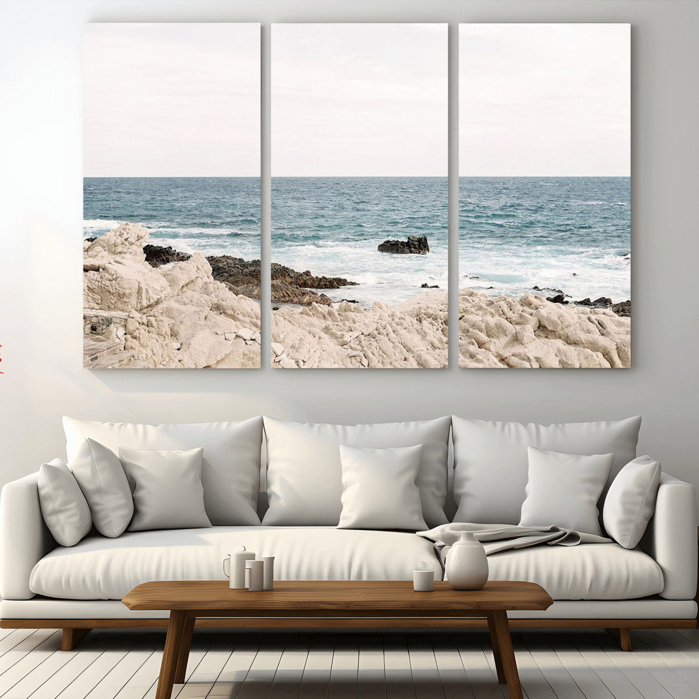 -Coastal Ocean View Wall Art Canvas Print – Serene Rocky Shoreline and Blue Sea Photography for Home, Office