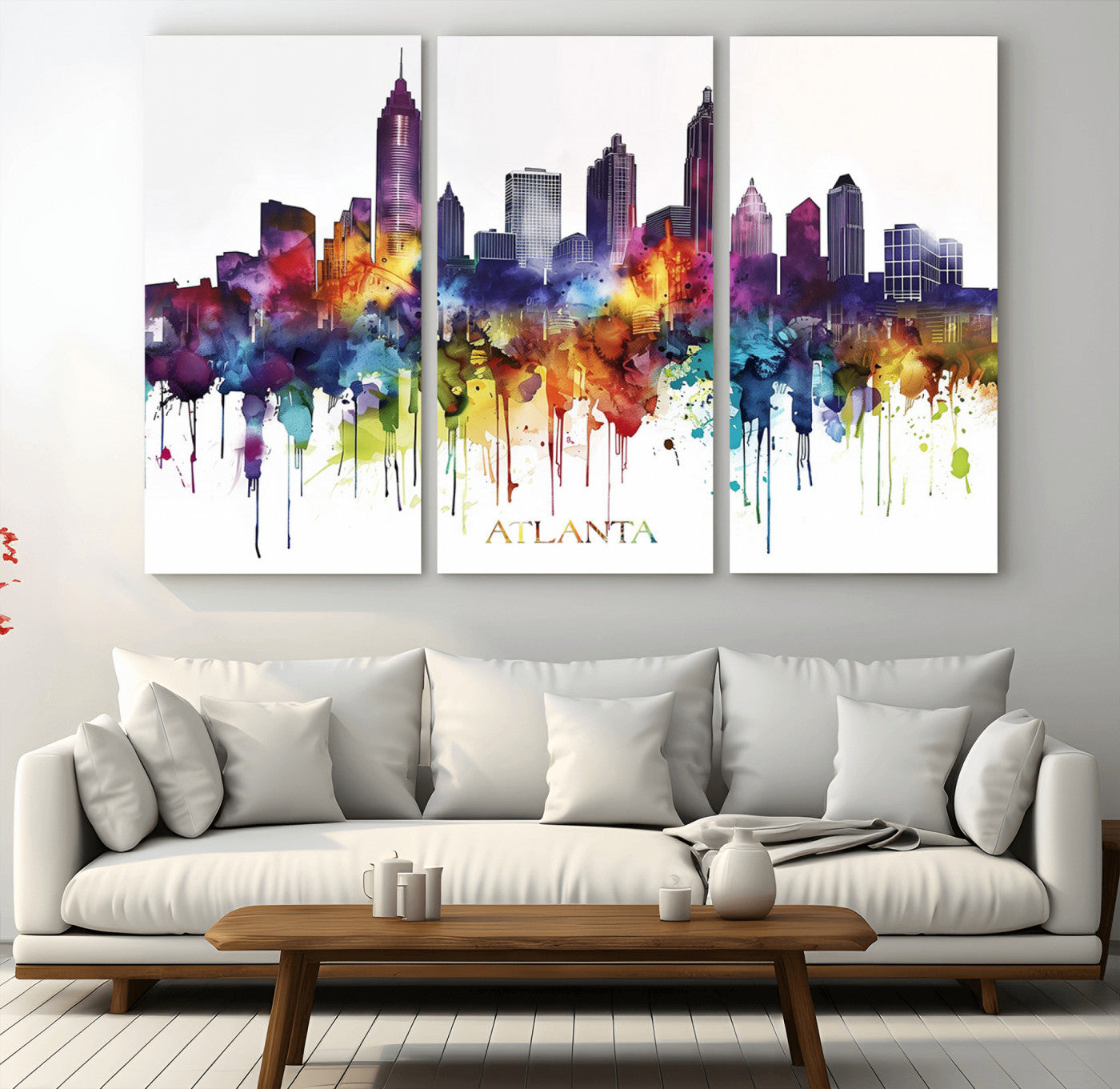 36048320-MGV-CV-36X24-Atlanta Skyline Wall Art Canvas Print – Framed Colorful Watercolor Cityscape Abstract Urban Artwork for Home, Office